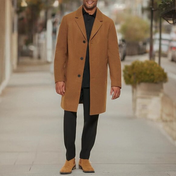 DKNY Mens Camel Overcoat Large RK10394 EUC Wool Blend Winter Lined Brown - Picture 1 of 15